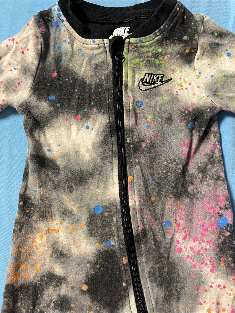 Nike Kids One-Piece Zip Romper - Black Tie-Dye with Neon Paint Splatter